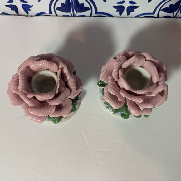 Vintage Set 1970’s Bisque Porcelain Handcrafted Rose Candle Holders on Pedestals - Picture 2 of 13